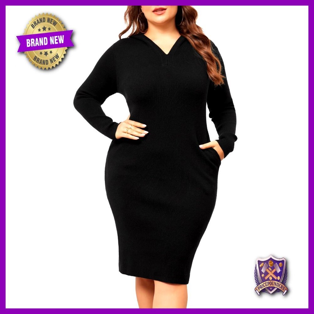 Plus Size V-Neck Hooded Sweater Dress with Pockets Pullover Knit